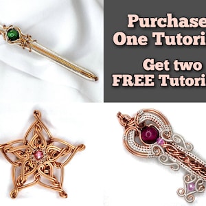 Peut inclure: Diverses pièces de bijoux en fil de fer faites à la main, dont un pendentif, une broche en forme d'étoile et une épingle décorative. Les pièces présentent un travail de filigrane complexe avec des tons argentés et cuivrés, rehaussés de pierres précieuses. Le texte de l'image dit "Purchase One Tutorial Get two FREE Tutorials."