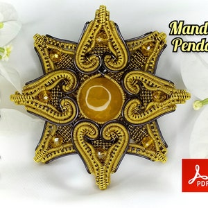 May include: A gold wire wrapped mandala pendant with a brown centre and clear beads. The pendant is on a white background with white flowers. The text "Mandala Pendant" is in the top right corner of the image. The text "TUTORIAL" is on the left side of the image. A red icon with the text "PDF" is in the bottom right corner of the image.