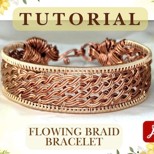 May include: A copper-colored wire bracelet with a flowing braid design. The bracelet features a woven pattern and is secured with a hook clasp. The image includes the text "TUTORIAL" and "FLOWING BRAID BRACELET".