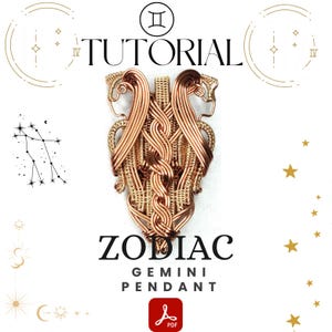 Könnte beinhalten: Kupferfarbener, drahtgewickelter Gemini-Tierkreis-Anhänger. Der Anhänger zeigt zwei stilisierte Figuren und ist mit "ZODIAC GEMINI PENDANT" beschriftet, darüber steht das Wort "TUTORIAL". Unten befindet sich ein PDF-Symbol.