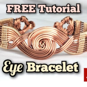 May include: A copper wire bracelet featuring a central spiral design with woven side sections and a hook clasp. The text FREE TUTORIAL Eye Bracelet is displayed in the image along with a red PDF icon, indicating a digital instructional document.