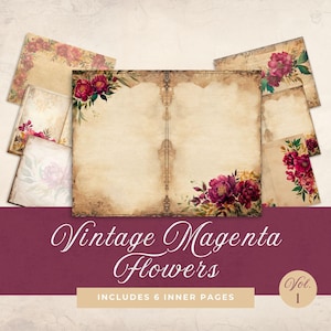 Vintage Flower Junk Journal Pages | Magenta Florals Scrapbook Background | Romantic Florals | decorative decoupage | Vintage Paper Printable