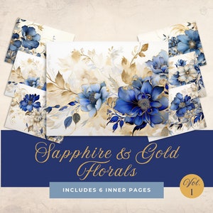 Pagine di diario spazzatura con fiori blu zaffiro e oro / Sfondo per album di ritagli con fiori in lamina d'oro / Botanici romantici / Carta digitale stampabile