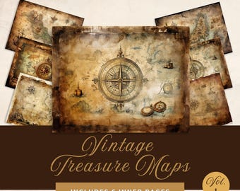 Gamla kartsidor med skräpjournal | Digital scrapbook-bakgrund | Skattkarta | Antika sjökartor | Vintage grunge-sida | Reseskräpjournal