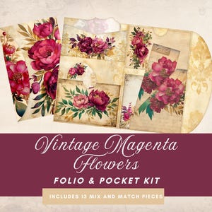 Journal folio vintage Flower indésirable | Pochettes magenta fleurs et éphémères | Fleurs romantiques | découpage décoratif | Papier vintage imprimable