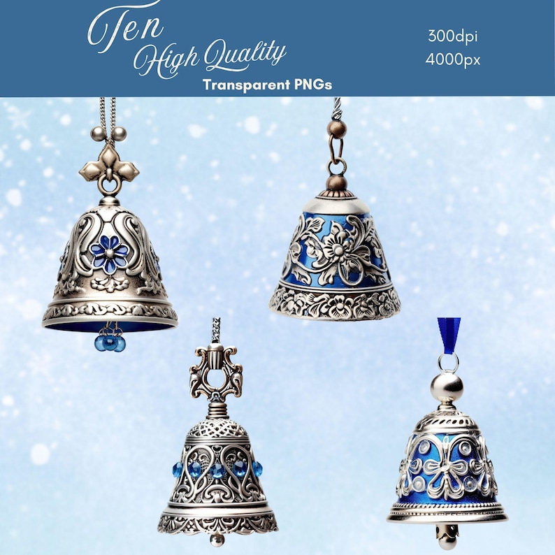 Silver Bell Design Vintage Silver Bell Clipart | Silver and Blue Bell | Antique Christmas ...