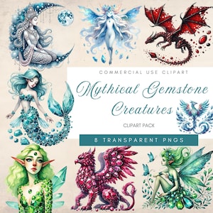 Mythische Edelstein Kreatur Clipart | Edelstein PNG | Aquarell Grafik | Fantasie Clip Art | Geburtsstein Kristalle | Phoenix Banshee Meerjungfrau