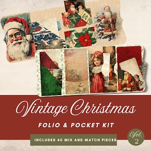 Może przedstawiać: Zestaw foliów i kieszeni vintage z motywem Bożego Narodzenia z 40 elementami do mieszania i dopasowywania. Zestaw zawiera obrazy Świętego Mikołaja, dziewczynki w czerwonej sukience i świątecznej sceny z latarnią.
