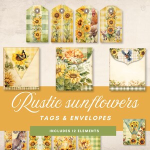 May include: Twelve printable tags and envelopes featuring a rustic sunflower theme. The designs include sunflowers, butterflies, chickens, and other farm animals. The tags and envelopes are perfect for adding a touch of rustic charm to your crafts and gifts.