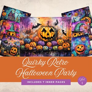 May include: A set of seven printable digital papers featuring a quirky retro Halloween party theme. The papers feature a variety of pumpkins, bats, and other Halloween imagery in a colorful watercolor style. The papers are perfect for creating invitations, party decorations, or other Halloween crafts.