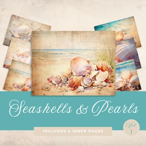 Diario de conchas marinas / Perlas y conchas / Páginas del diario de conchas marinas / Papel de álbum de recortes del mar / Conchas y arena / Fondo de olas de playa / Orilla