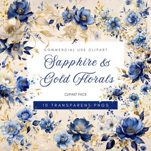 Royal blauwe bloemen clipart | Aquarelbloemen | Illustraties bruiloft | Saffierblauwe en gouden bloemen | Commercieel gebruik, png-bestand | Vergulde bladeren