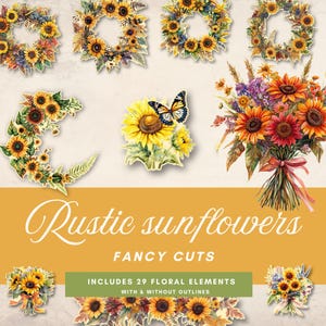 Recortes rústicos de girasoles / Corona floral otoñal / Ramo de boda de girasoles / Efímera de diario basura / Marco de flores de acuarela / Mariposa