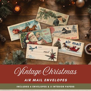 May include: Vintage Christmas air mail envelopes with illustrations of Santa Claus, a winter scene, and a plane. The envelopes are printed with the words "air mail" and "mail".