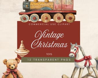 Wooden Toys Clipart | Vintage Christmas Toys Clip Art | Rocking Horse Png | Antique Wooden Train | Dolls Transparent | Nostalgic Teddy Bear