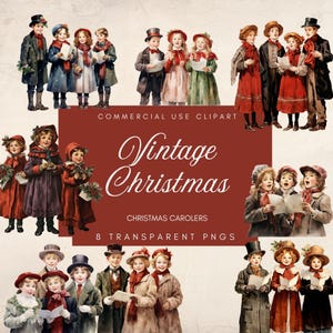 Clipart di cantori di Natale vittoriani / Effimere natalizie vintage / Clipart delle feste / PNG vecchio stile / Bambini di Natale / Trasparente
