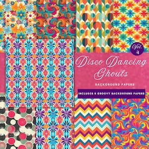 Puede incluir: Un conjunto de ocho fondos de papel digital con patrones retro coloridos. Los patrones incluyen remolinos, flores, formas geométricas y lunares. El título "Disco Dancing Ghouls" se muestra en la imagen.