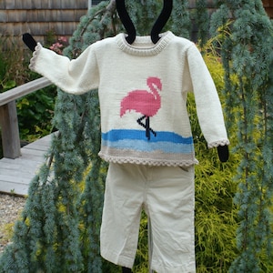 Puede incluir: Un suéter de punto blanco con un gráfico de flamenco rosa y rayas azules y beige. El suéter tiene un borde de ganchillo y está colgado en una percha negra.
