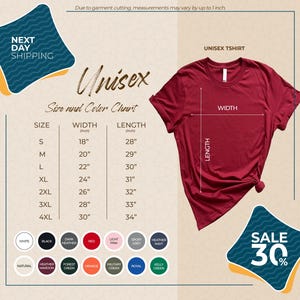 The image is a promotional graphic for a clothing store, featuring a red t-shirt with size and color charts, a price list, and a sale promotion.
