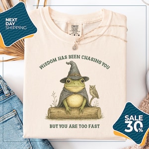 a white t-shirt with a whimsical illustration of a frog wearing a witch's hat and an owl perched on a log. The text on the t-shirt reads "WISDOM HAS BEEN CHASING YOU BUT YOU ARE TOO FAST", and there are two sale tags in the image, one for 30% off and another for next day shipping.