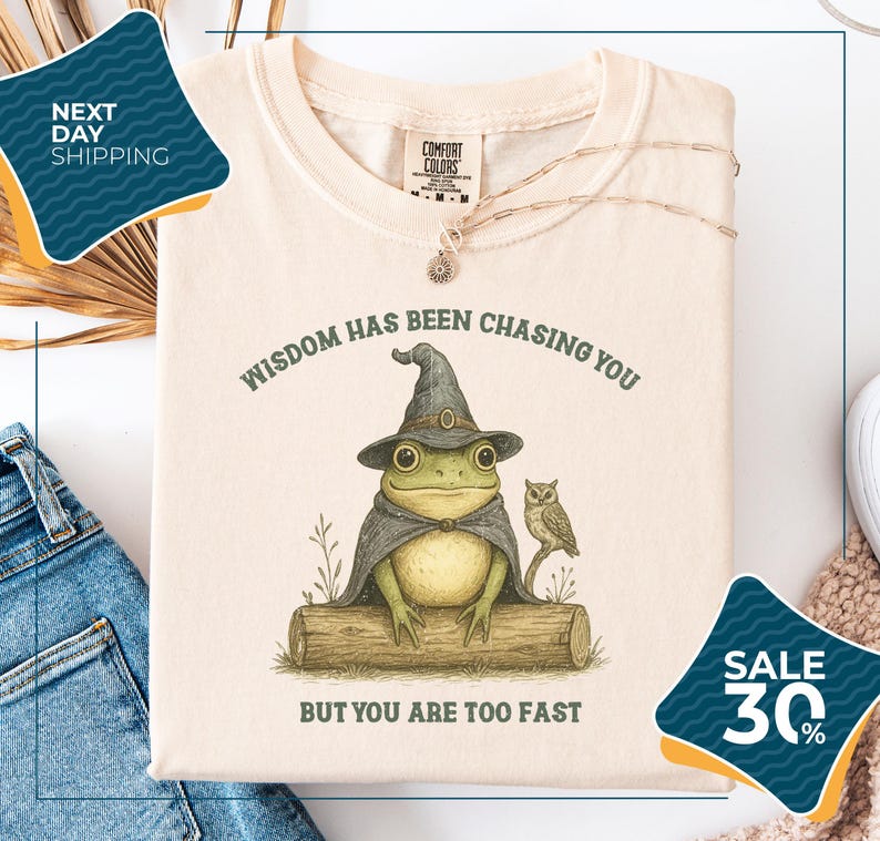 a white t-shirt with a whimsical illustration of a frog wearing a witch's hat and an owl perched on a log. The text on the t-shirt reads "WISDOM HAS BEEN CHASING YOU BUT YOU ARE TOO FAST", and there are two sale tags in the image, one for 30% off and another for next day shipping.
