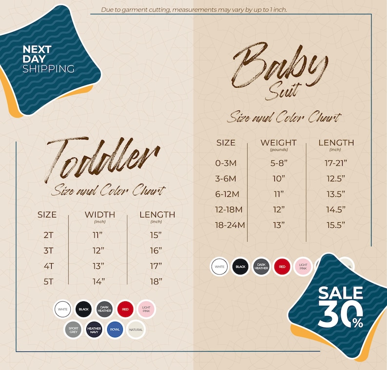 The image is a promotional flyer for a clothing store, displaying size and color charts for toddler and baby suits. The flyer includes a sale offer of 30% off on the purchase of these suits.
