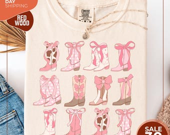 Comfort Colors® Pink Bow Cowgirl Boots Shirt | Country Concert Tee Western Tee | Country Shirt | Cowgirl Boots Tee | Pink Bow Cowgirl Shirt