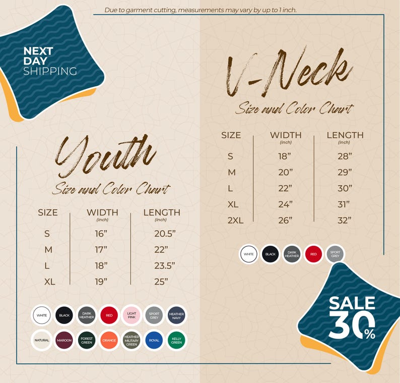 The image is a promotional graphic for a clothing store, displaying size and color charts for youth and V-Neck tops. The chart provides measurements for different sizes, including S, M, L, and XL, along with corresponding widths and lengths. The image also includes a sale promotion of 30% off.