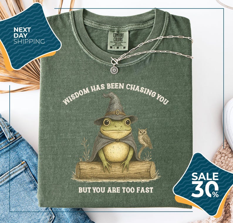 a green t-shirt with a frog wearing a wizard's hat and an owl perched on a log, accompanied by the text "WISDOM HAS BEEN CHASING YOU BUT YOU ARE TOO FAST".