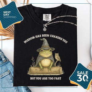 a black t-shirt with a whimsical graphic of a frog wearing a wizard's hat and holding a book, accompanied by the text "WISDOM HAS BEEN CHASING YOU BUT YOU ARE TOO FAST". The t-shirt is displayed on a white background, with a pair of jeans and a necklace visible in the foreground. There are also two sale tags in the image, one for 30% off and another for next day shipping.