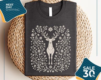 Boho Floral Deer Shirt | Cottagecore Aesthetic Woodland Tee for Nature Lovers | Vintage Botanical Animal Shirt | Forestcore Gift