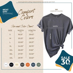 The image is a promotional advertisement for a clothing brand, featuring a gray t-shirt with measurements and a color chart. The ad highlights the brand's comfort colors and offers a sale of 30% off on their clothing items.