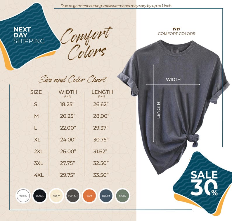 The image is a promotional advertisement for a clothing brand, featuring a gray t-shirt with measurements and a color chart. The ad highlights the brand's comfort colors and offers a sale of 30% off on their clothing items.