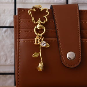 Custom Charm Keychains,Gold Rose Flower & Initial Purse Charm,White Gem Keyring,Bag Charms,Women Bag Accessories,Keychain Gift for Her
