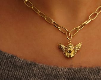 Gold Plated Cherub Angel Pendant Necklace: Religious Jewelry Gift