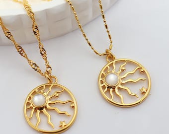 Gold Plated Sun Necklace, Opal Mother of Pearl Celestial Pendant