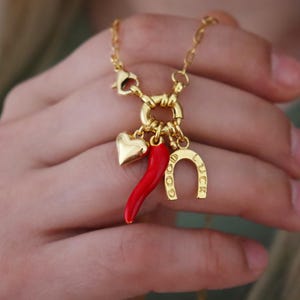 Gold Charm Necklace: Italian Horn, Heart & Horseshoe - Good Luck Amulet
