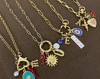 Customizable Gold Charm Necklace, Personalized Carabiner Clasp, Build Your Own Jewelry