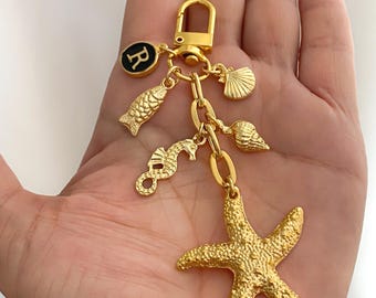 Personalized Gold Starfish Keychain: Ocean Beach Bag Charm