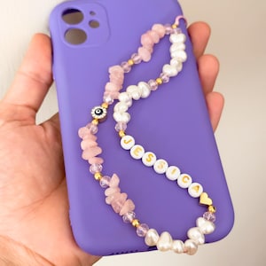 Personalized Rose Quartz Gemstone Phone Strap, Healing Crystal Beads Phone Charm, Custom Name Beaded Chain with Pearls, Gift for Her