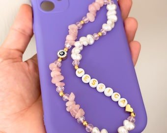 Personalized Rose Quartz Phone Charm: Beaded Name Strap with Pearls