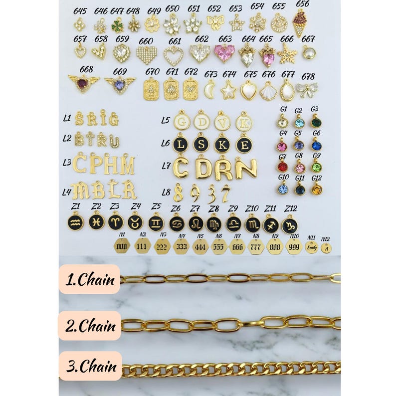 May include: A collection of gold-toned charms with various designs, including letters, numbers, zodiac signs, and other symbols. The charms are arranged in rows on a white surface. The charms are for use in jewelry making.
