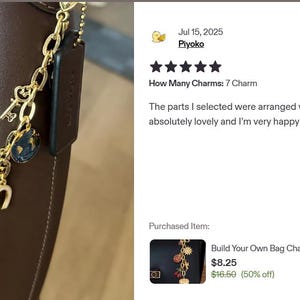 K&ouml;nnte beinhalten: Eine goldfarbene Charm-Kette mit verschiedenen Anh&auml;ngern, darunter ein Schl&uuml;ssel, ein Globus, ein Hufeisen und ein Auge, die an einer braunen Ledertasche befestigt sind. Die Charms sind detailliert und dekorativ.