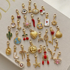 May include: A selection of gold-coloured charms featuring diverse designs such as a paw print, a ladybird, a sun, a heart, a cactus, a globe, a cowboy boot, and a compass. Each charm has a clasp for attaching to a bracelet or necklace.