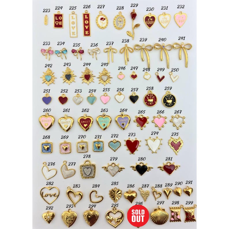 May include: Assortment of gold-tone metal charms with enamel accents. The charms feature hearts, bows, flowers, and words like "Love", "Sweet", and "I'm Good".