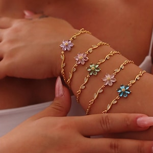Gold Flower Bracelet: Crystal Petals, Dainty Floral Chain Link Bracelet