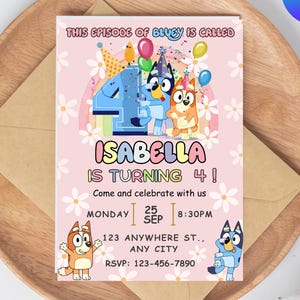 Faire-part 4e anniversaire bleu bleu modifiable pour fille, invitation numérique toile, modèle beige rosé, anniversaire sur le thème bleu bleu, téléchargement immédiat Bd V4