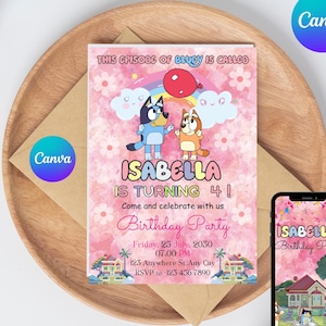 Invito di compleanno Bluey personalizzabile, inviti di compleanno Bluey, modello digitale modificabile per ragazze, invito per bambini stampabile con download immediato