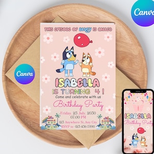 Plantilla de invitación de cumpleaños editable de Bluey, invitación de fiesta digital personalizada para niños, fiesta de cumpleaños de Bluey imprimible, descarga instantánea