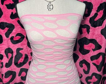 Emo Elastic Hollow Fishnet Top Y2K 2000s McBling Vintage Grunge Baby Pink Kawaii